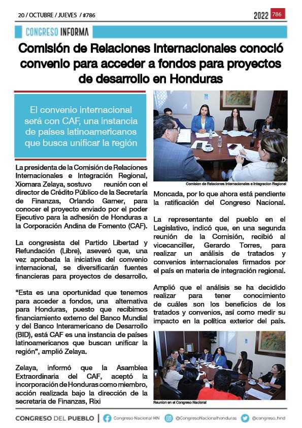 Comisión de Relaciones Internacionales conoció convenio para acceder a fondos para proyectos de desarrollo en Honduras